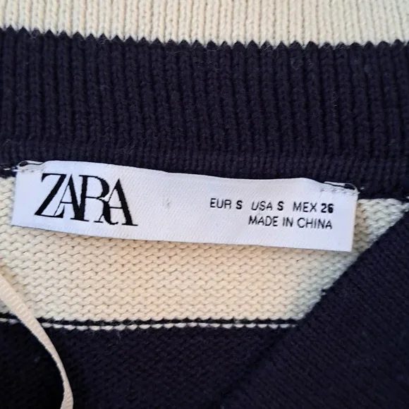 Zara Womens Navy/Cream Striped Cotton Tunic Pullover Sweater Pockets SM - Picture 6 of 7